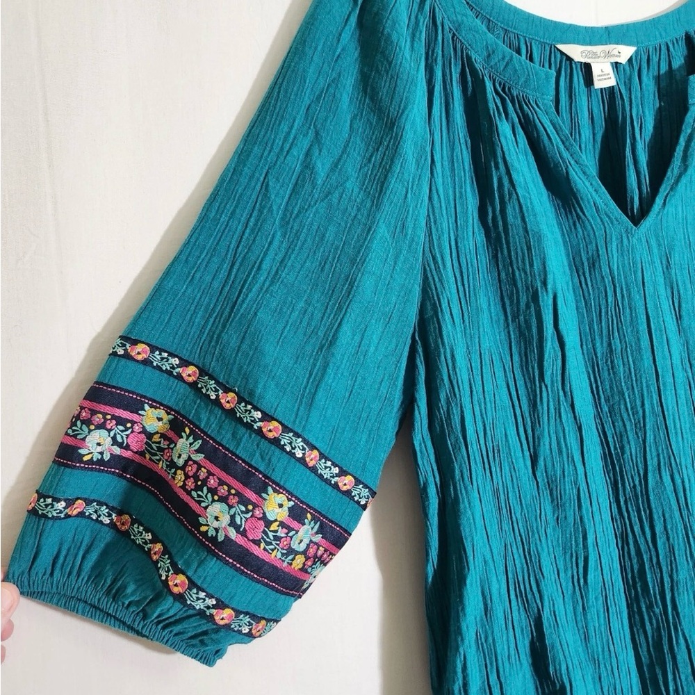The Pioneer Woman Teal Split-Neck Embroidered Peasant Dress Sz L
